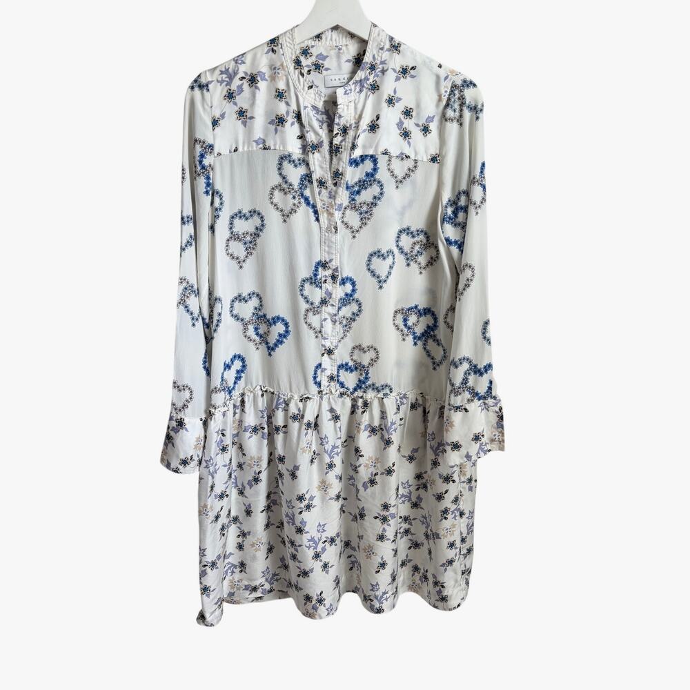 Sandro Paris Heart Print Long Sleeve Mini Shirt Dress White Blue Silk EU 38 M - Picture 2 of 11
